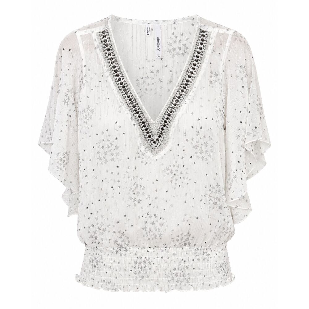Studio Y White Silver Star Print Beaded V Neck Flutter Sleeve Blouse M
